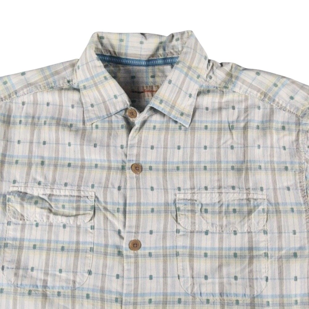 Tommy Bahama Shirt Mens Medium Plaid Silk Cotton Short Sleeve Button Up Casual